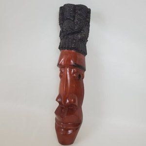 Vintage African High Top Hand Carved Face Wood Wall Art Tribal Decor Brown Black
